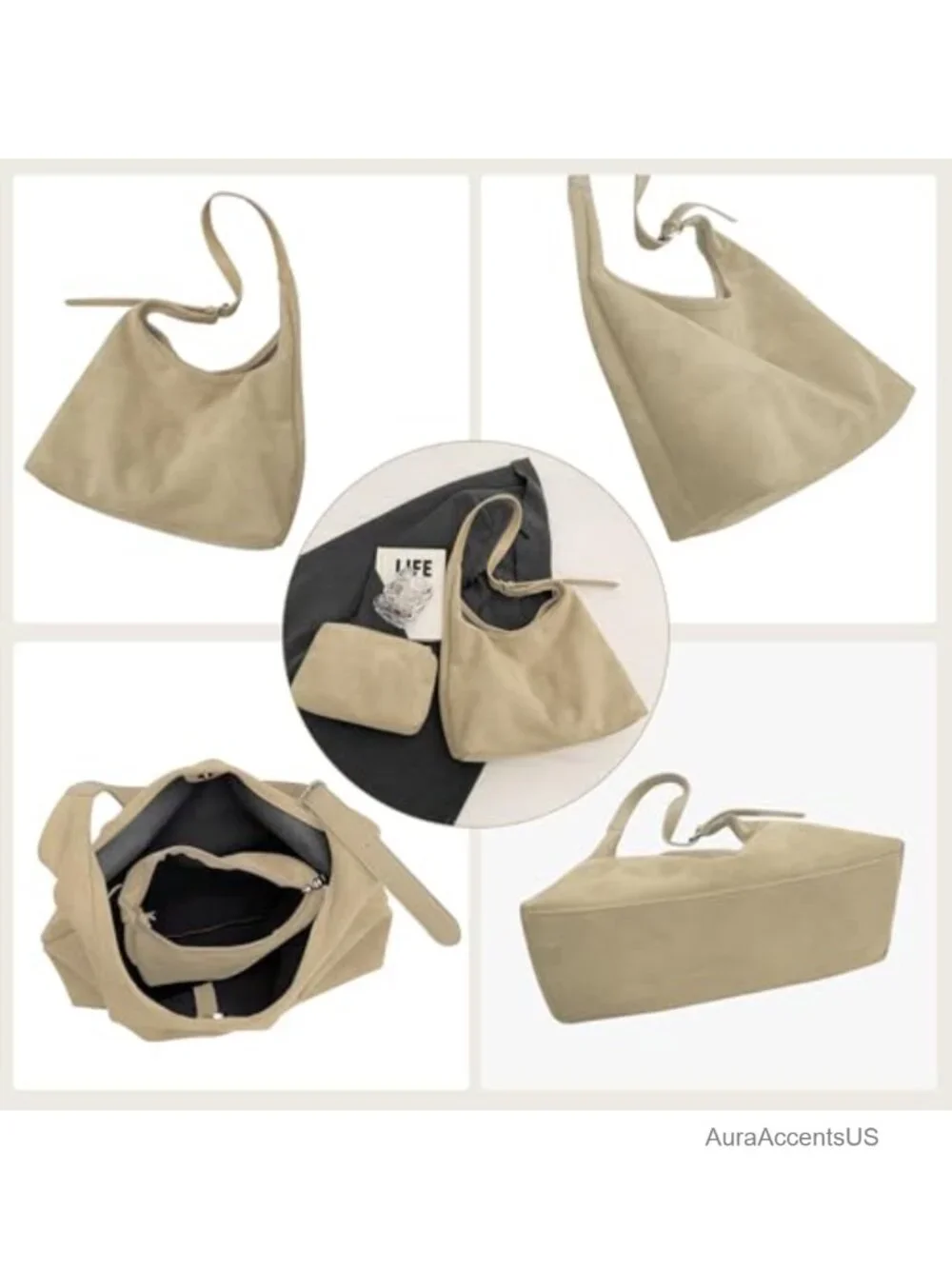 Faux Suede Hobo Bag with Detachable Small Purse, Slouchy Shoulder Crossbody Tote